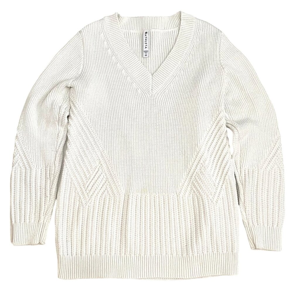 Athleta Womens Teton Chunky Knit V-Neck Sweater‎ XS Apres Skis Fisherman Winter